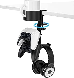 MoKo Desk Controller Holder with Headphone Hanger - 3 in 1 Rotating Desk Cup Organizer Gaming Accessories Stand Desk Clamp Mount Controller Stand for Xbox One/360, PS5, PS4, Switch, Steam, Black