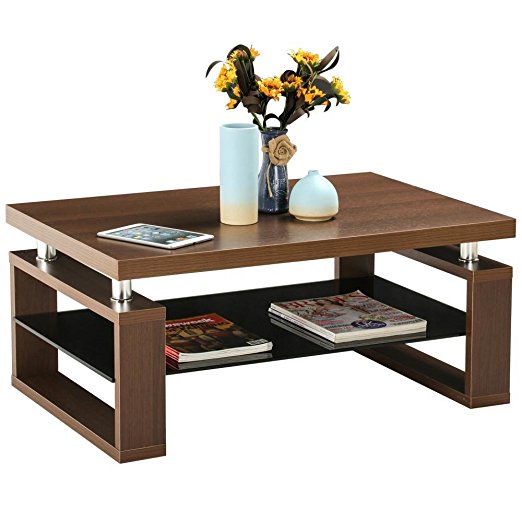 Yaheetech Living Room Rectangular Wood Top Coffee Tables & Chrome Finish Legs with Glass Storage Shelf (Brown)