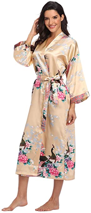 Women's Floral Long Silk Kimono Robes Satin Dressing Gown Peacock Blossoms