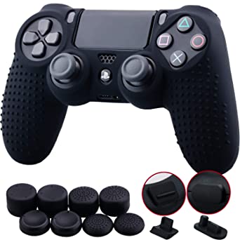 9CDeer 1 Piece of Silicone Studded Dots Protective Sleeve Case Cover Skin   8 Thumb Grips Analog Caps   2 dust Proof Plugs for PS4/Slim/Pro Dualshock 4 Controller, Black