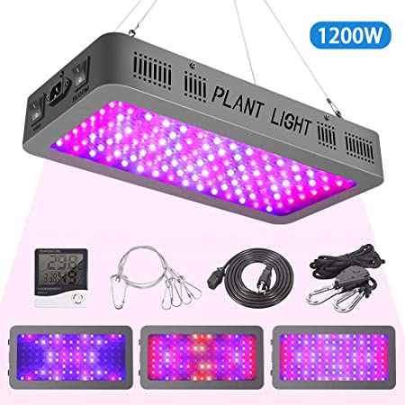 1200W LED Grow Light Double On/Off Switch Full Spectrum Grow Lamp, with Daisy Chain, Temperature and Humidity Monitor, Adjustable Rope, for Indoor Hydroponic Plants Vegetative and Flowering