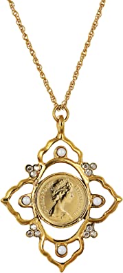 Pendant Necklace with Queen Elizabeth II 1/2 New Penny Coin | Victorian Style Goldtone Pendant | Genuine Great Britain Coin | 21 Inch Rope Chain with Lobster Claw Clasp | Certificate of Authenticity