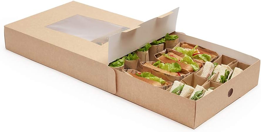 Restaurantware Slide Tek 17.7 x 12.2 x 3.2 Inch 10 Grease-Resistant Catering Boxes-Cover with Window Included, Side Lock, Kraft Paper Catering Food Containers, Recyclable, Inserts Sold Separately