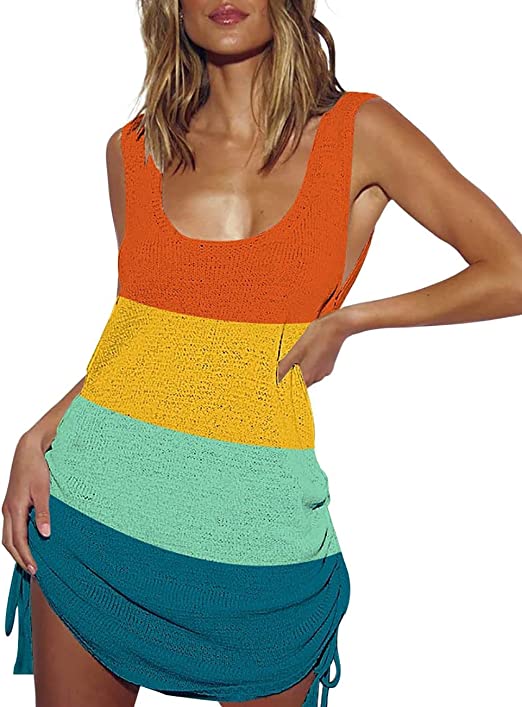 Bsubseach Women Crochet Bikini Cover Ups Summer Scoop Neck Beach Tank Dress