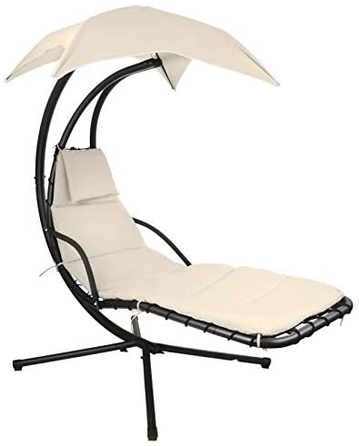 Hanging Chaise Lounger Chair Arc Stand Porch Swing Hammock Chair W/Canopy (Beige)
