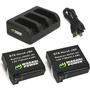 Wasabi Power HERO4 Battery (x2) and USB Triple Charger for GoPro AHDBT-401, Hero 4