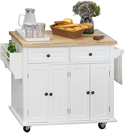 Desserte de cuisine multi rangements 2 tiroirs 2 placard 2 portes avec étagère range-bouteille porte-torchons MDF blanc hévéa