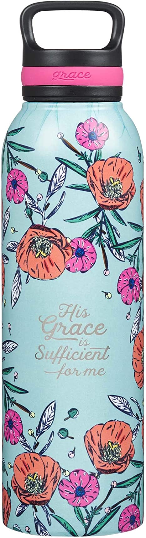 Christian Art Gifts Stainless Steel Double Wall Vacuum Insulated Water Bottle for Women: His Grace is Sufficient - 2 Corinthians 12:9 Inspirational Verse w/Carry Handle Lid, Teal Multi Floral, 24 oz.