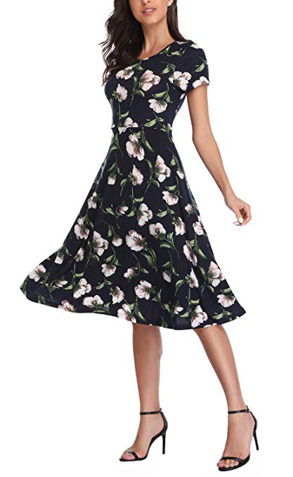 Urban CoCo Women's Floral Print Short Sleeve Flared Midi Dress