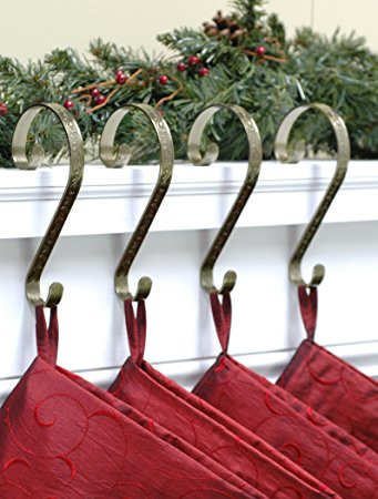 Stocking Scrolls 4-PACK Stocking Hanger Set (Embossed Holly-Antique Brass)
