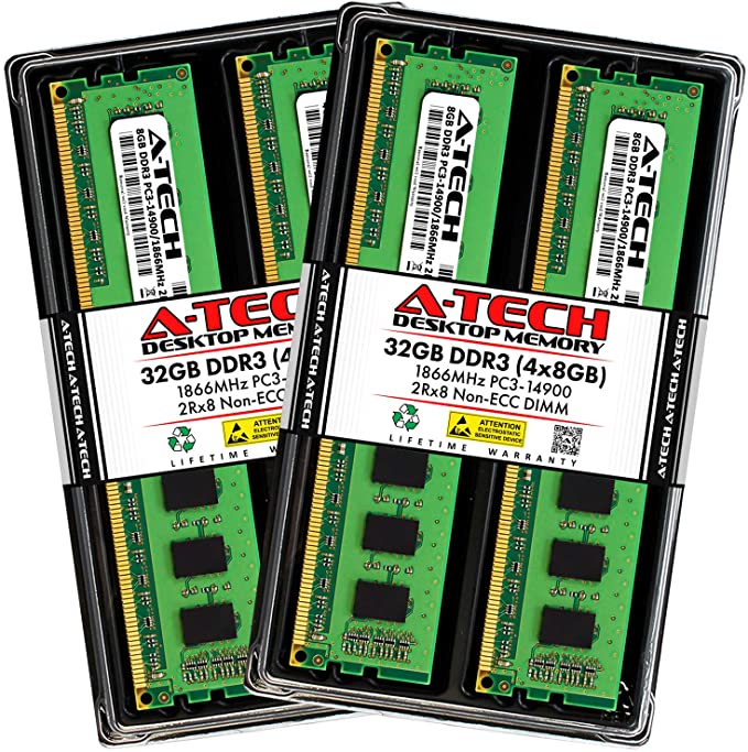 A-Tech 32GB DDR3 1866MHz Desktop Memory Kit (4 x 8GB) PC3-14900 Non-ECC Unbuffered DIMM 240-Pin 2Rx8 1.5V Dual Rank Computer RAM Upgrade Sticks