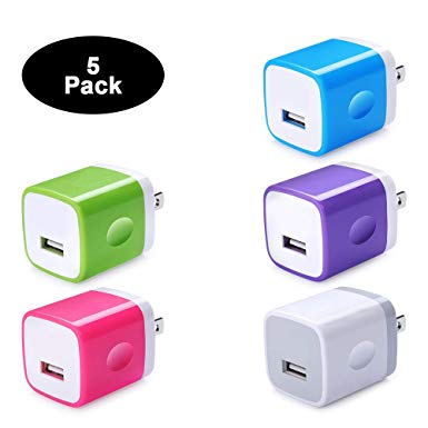Single Port USB Wall Charger, Charging Block Box Cube NINIBER 1A/5V 5-Pack One Port Charging Brick Base USB Power Adapter Compatible for iPhone XR/X/8/7/6S/6S Plus Samsung Galaxy S9/S8/S7 Edge