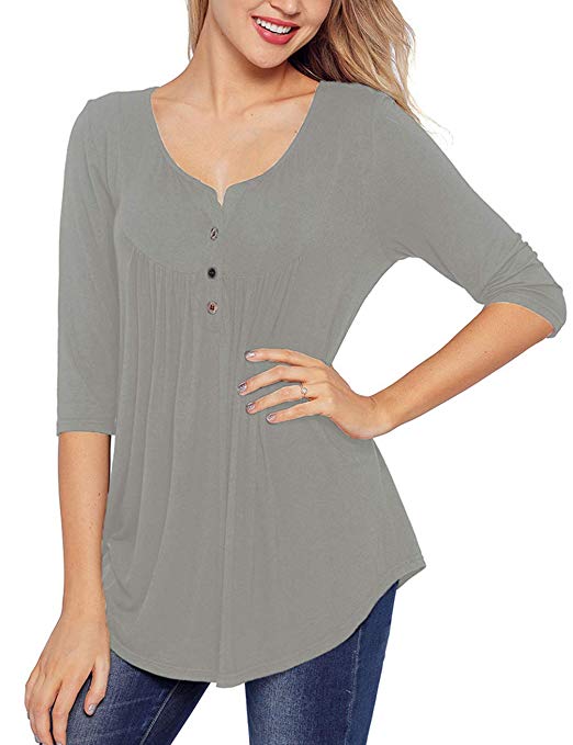 Womens Long Sleeve V Neck Tops Pleated Front Button Tunic Tops Henley Shirts