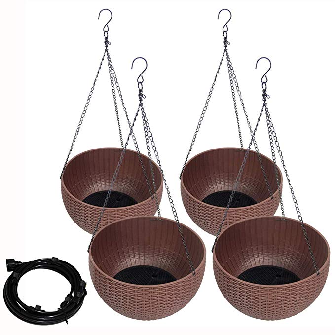 Homes Garden 10.5 in. Dia Plastic Resin Hanging Planter Brown (4-Pack) with Self Drip Irrigation Set Flower Plant Hanging Basket for Home Office Porch Balcony Indoor Outdoor Garden Gift #G716A00