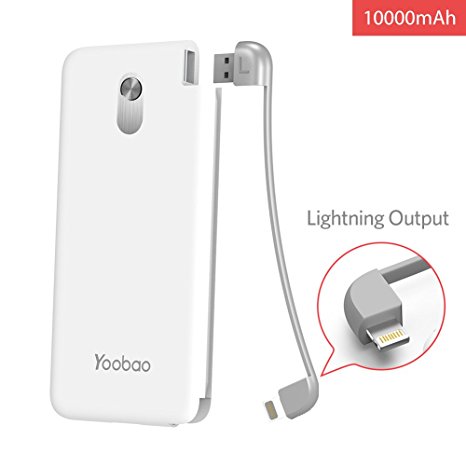 Portable Charger iPhone Yoobao Power Bank 10000mAh with Built-in Cable External Battery for iPhone X 8 7 6 plus iPad,Replace Cable to Charge Android Phone Samsung LG Huawei etc - USB Lightning(White)