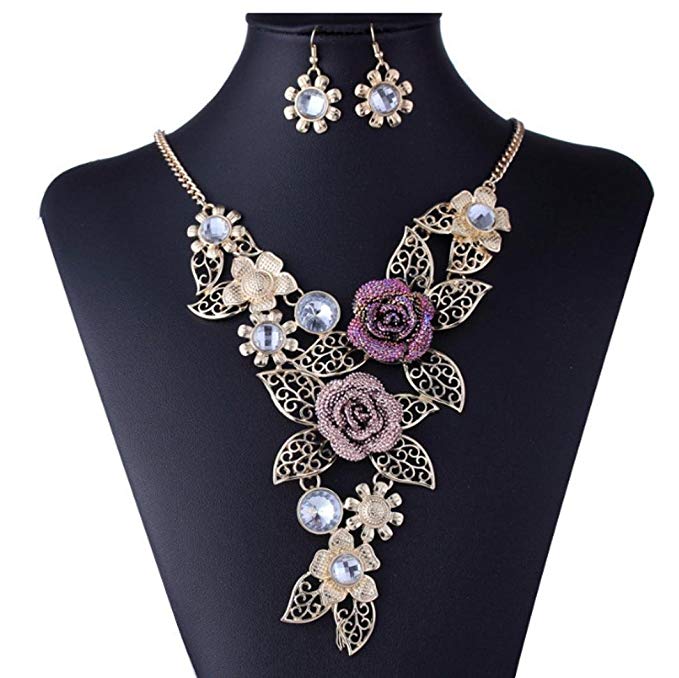 DDLBiz Women's Vintage Flower Rose Gold Necklace Statement Earrings Jewelry Set