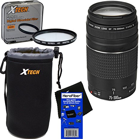 Canon EF 75-300mm f/4-5.6 III Telephoto Zoom Lens for EOS 7D, 60D, 70D, EOS Rebel SL1, T1i, T2i, T3, T3i, T4i, T5, T5i, T6, T6i, T6s, T7i, XS, XSi, XT, & XTi Digital SLR Cameras   3pc Accessory Kit