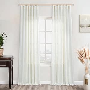 KOUFALL 96 Inch Curtains 2 Panel Set,Light Filtering Linen Semi Sheer Floor to Ceiling Curtains 96 Inches Long for Bedroom Living Room,Cream Ivory