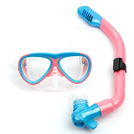 OXA Scuba Diving Snorkel Set including Dry Top Snorkel and 2-Windows Tempered Glass Mask for Kids