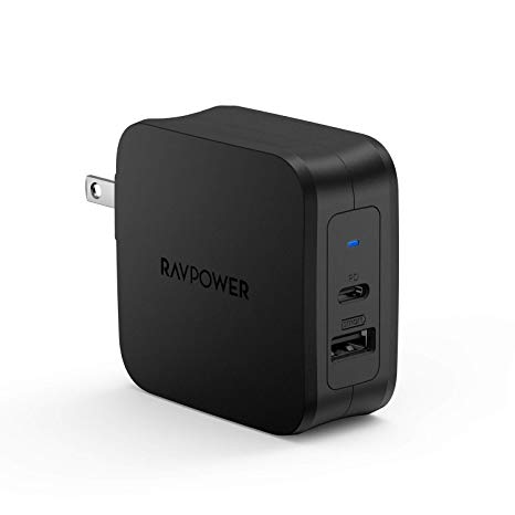 USB C Power Delivery Charger, RAVPower 61W Type C PD 3.0 Power Adapter, 2 Port USB Wall Charger, Compatible with MacBook Pro Air, Dell XPS, iPad Pro 2018, Nintendo Switch, iPhone and More (Black)