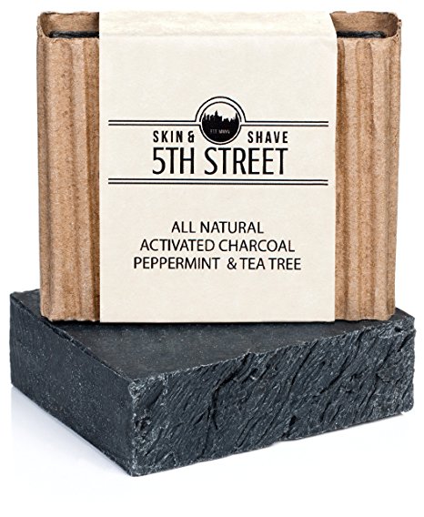 Activated Charcoal Soap for Men with Peppermint and Tea Tree – 5th Street Skin & Shave - Natural, Anti-Fungal, Organic Body and Face Wash – Reduces Mens Acne, Blemishes, Breakouts for Clearer Skin