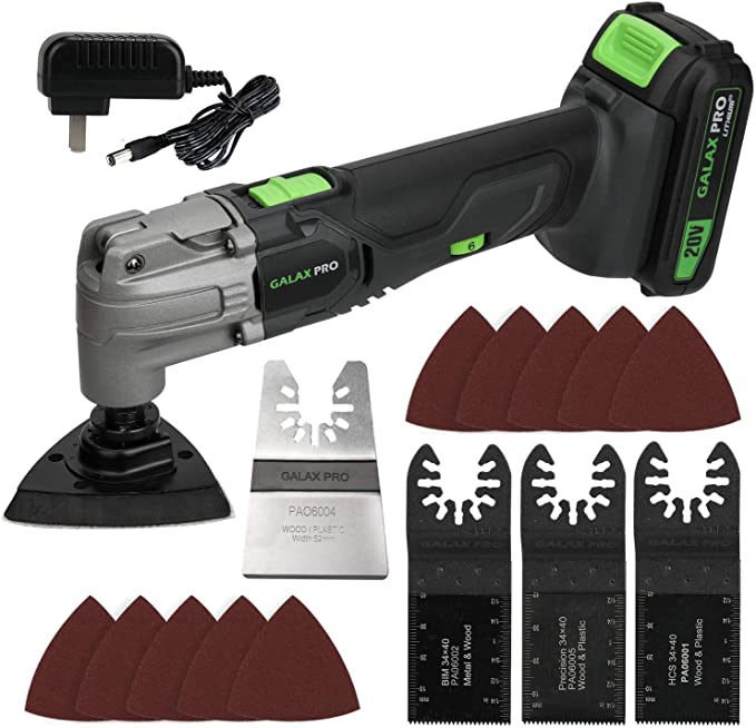 Oscillating Tool, GALAX PRO 20V Lithium- Ion Cordless Oscillating Multi-Tool with 1.3Ah Battery and Charger, 3pcs Blade and 10pcs Sanding Papers for Sanding, Grinding