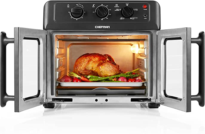 Chefman Extra Large Air Fryer and Convection Oven with French Doors and Rotisserie Spit, The Easiest Way to Cook Oil-Free, Double Wide Glass Windows Open for Convenient Access and Viewing, 24.5 Liters