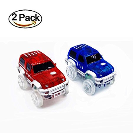 MIGE Car Track, Light Up Jeep Toy Car (2-Pack),Multicolord flashing lights,Fits Most Racing Track Accessories,Perfect for Boys and Girls Killing time(Blue and Red)