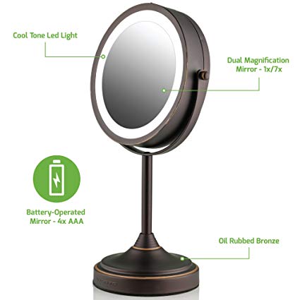 Ovente LED Lighted Tabletop Makeup Mirror, 7 Inch, Dual-Sided 1x/7x Magnification, Oil Rubbed Bronze (MCT70BZ1X7X)