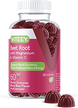 Beet Root Gummies with Magnesium & Vitamin C - Supports Healthy Circulation & Blood Pressure - Energy & Nitric Oxide Booster, Dietary Supplement & Immune Health - Berry Beet Flavor [60 Count 1 Pack]