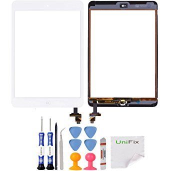 Unifix-White Touch Glass Digitizer Replacement Screen with IC Connector Chip and Home Button Flex Assembly for iPad Mini 1 & 2 (Adhesive   Tool Kit)