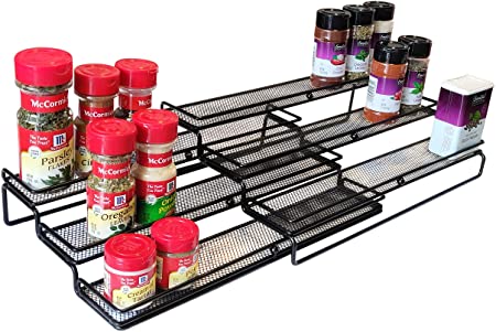 Expandable Cabinet Spice Rack Organizer Step Shelf with Protection Rail (15" to 30" Wide) Premium Presents brand (Black)