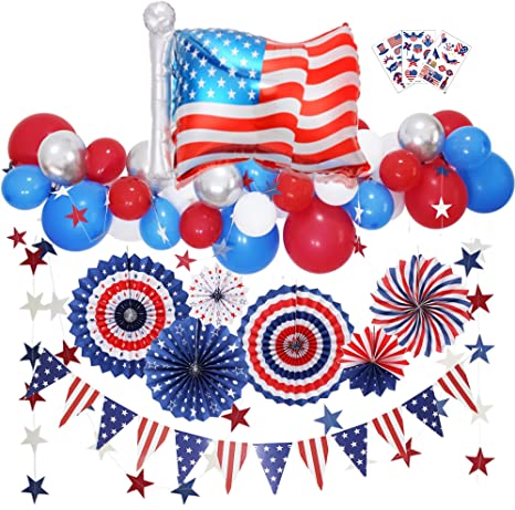 Fourth 4th of July Decorations - Patriotic Red White and Blue Party Supplies, Balloon Flags Pennant Garland Tattoo Stickers, Great for Labor Veterans Memorial Day American Outdoor Decor