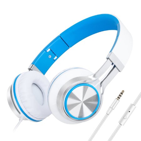 Headphones,Picun HD200 Stereo Lightweight Folding Headphones with Microphone,Stretchable Headband,Remote Control Button,Bass Headset,with Soft Earpad Earphones (White Blue)