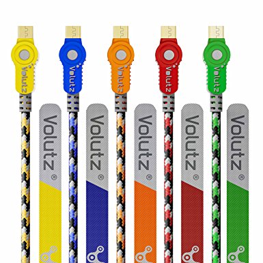 Micro USB Cable (Pack of 5) Volutz Cableogy Series (6.6ft / 2m) Nylon Braided, Gold-Plated & Turbo-Fast (Micro-USB to USB) for HTC, Samsung, Nokia, LG, Google, MP3, Bluetooth devices and More