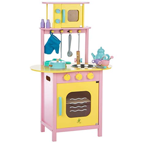Ultrakidz Little Wooden Play Kitchen with Oven and Microwave, incl. Kitchen Utensils
