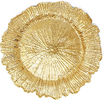 Plastic Reef Charger Plates Glossy Finish - Set of 6 - Thick and Reusable - Gold Color