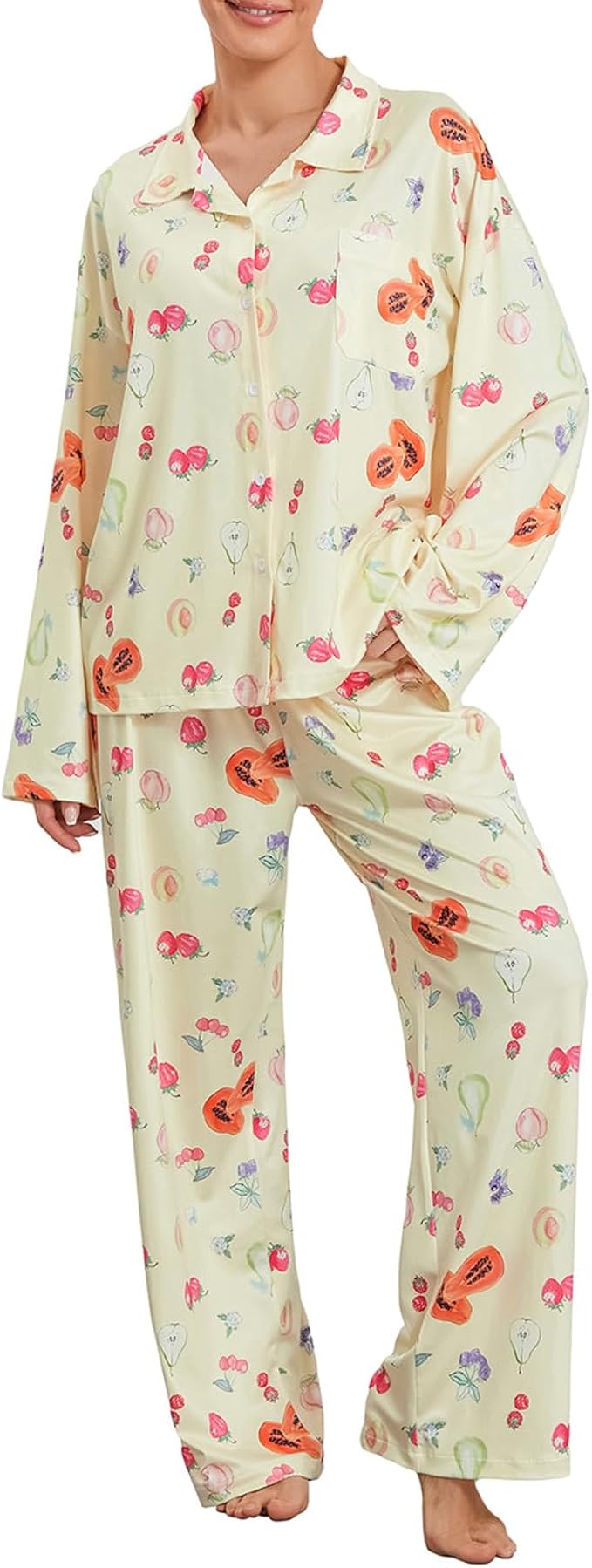 Women Y2K 2 Piece Floral Lounge Set Long Sleeve Button Down Shirt Wide Leg Palazzo Pants Outfits Matching Sets Pajamas