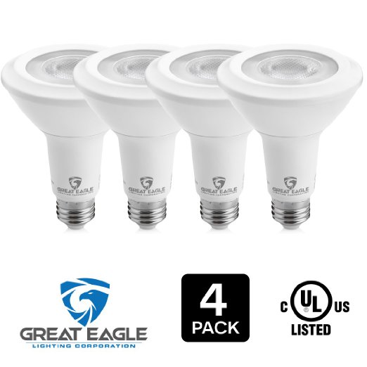 Great Eagle PAR30 LED Bulb, 13W (75W equivalent), 3000K (Bright White), 40 Beam Angle Flood Light Bulb, Dimmable, and UL-Listed. Use with Recessed Housings and Track Light Fixtures (4-pack)