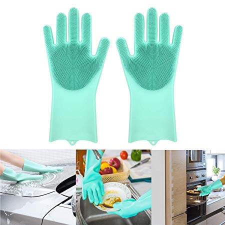 LOYAL EMPLE® Magic Silicone Gloves with Wash Scrubber, Reusable Brush Heat Resistant Gloves Kitchen Tool for Cleaning, Dish Washing, Washing The Car, Pet Hair Care - 1 Pair (Multicolor)