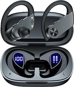 Ear Buds, Bluetooth Headphones 110Hrs Playtime Wireless Earbuds Bluetooth 5.3 with LED Power Display Over-Ear IPX7 Waterproof Earbuds with Earhook Microphone for Gym Workout Laptop Cellphone Black