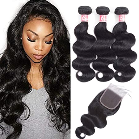 LSHAIR Brazilian Body Wave Bundle with Closure(24" 22" 20" with 18" free part) 100% Unprocessed Brazilian Virgin Hair Body Wave with Lace Closure 10A Grade Human Hair Bundles with Closure