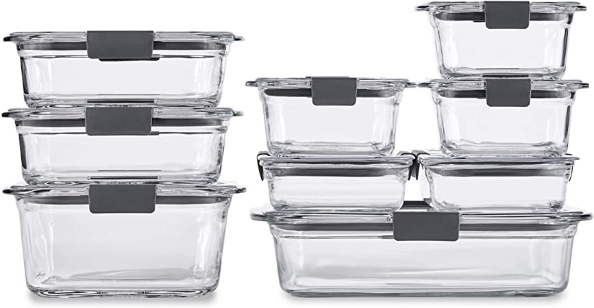 Rubbermaid Brilliance Glass Storage Set of 9 Food Containers with Lids (18 Pieces Total), Set, Assorted, Clear