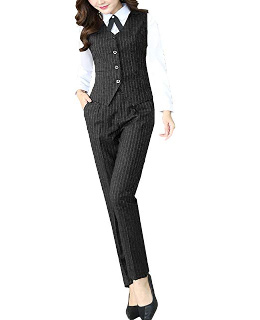 MFrannie Womens Stripes Blouse Pants Vest 3-Pieces Office Lady Work Suit Set