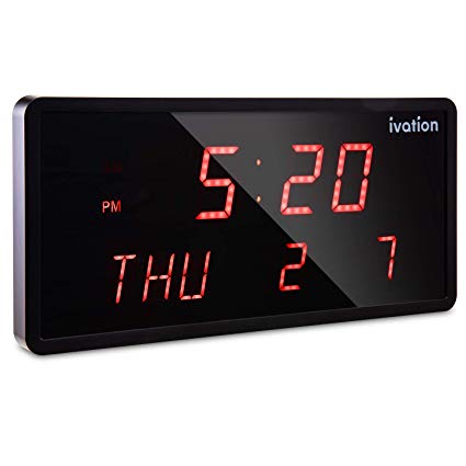 Ivation Big Oversized Digital Blue LED Calendar Clock with Day and Date - Shelf or Wall Mount (16 inches - Red LED)