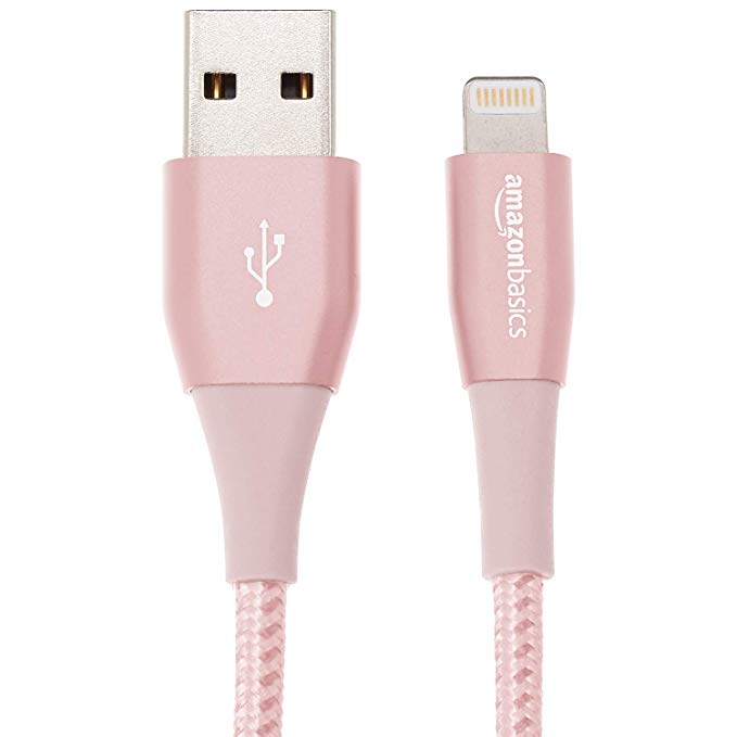 AmazonBasics Double Nylon Braided USB A Cable with Lightning Connector, Premium Collection - 4-Inch, Rose Gold