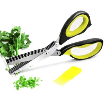 Herb Scissors - Multipurpose Kitchen Shears with 5 Stainless Steel Blades and Cover - Attached Handy Cleaning Comb - Chef Trusted Premium Cooking Gadget for a Healthy Meal(Green and Black)