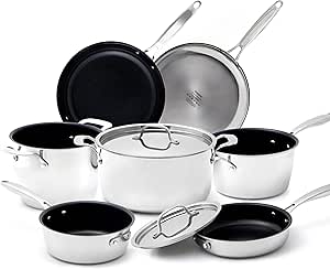 Nuwave 9pc Stainless Steel Pro-Smart Cookware Set, Tri-Ply Heavy-Duty Construction, Ergonomic Stay-Cool Handles, Duralon Blue Healthy Non-Stick Ceramic Coating, Induction-Ready & Works on All Cooktops