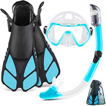 ZEEPORTE Mask Fin Snorkel Set with Adult Snorkeling Gear, Panoramic View Diving Mask, Trek Fin, Dry Top Snorkel  Travel Bags, Snorkel for Lap Swimming