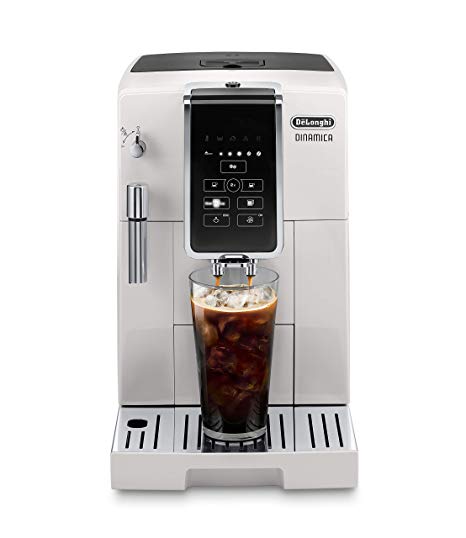 De'Longhi ECAM35020W Dinamica Automatic Coffee & Espresso Machine, TrueBrew Over Ice, Burr Grinder   Descaling Solution, Cleaning Brush & Icecube Tray (Coffee Bean Shaped), ECAM35020W, White